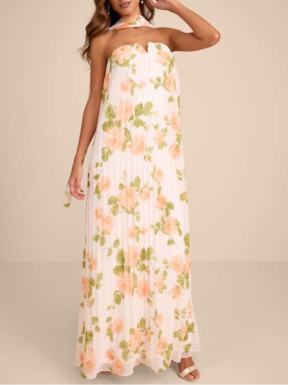 Lulus Lael White Floral Pleated Strapless Dress and Scarf Set Size L NWT